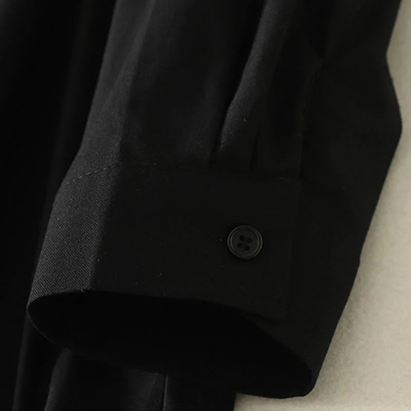Buddha Stones Fall Solid Color Lapel Buttons Long Sleeve Cotton Midi Dress With Pockets