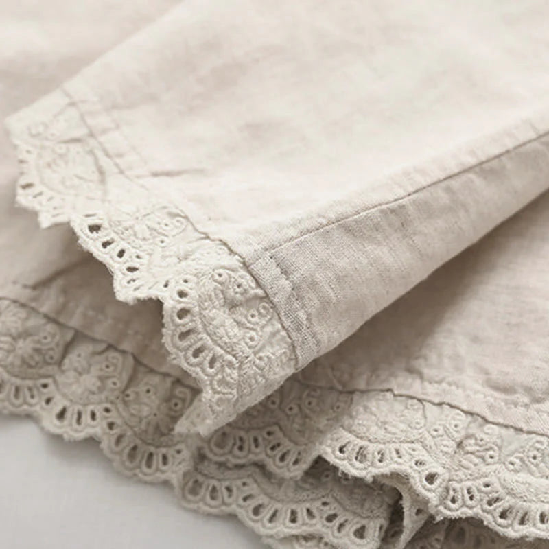 Buddha Stones Fall Beige Floral Grass Embroidery Buttons Women's Cotton Long Sleeve Shirt