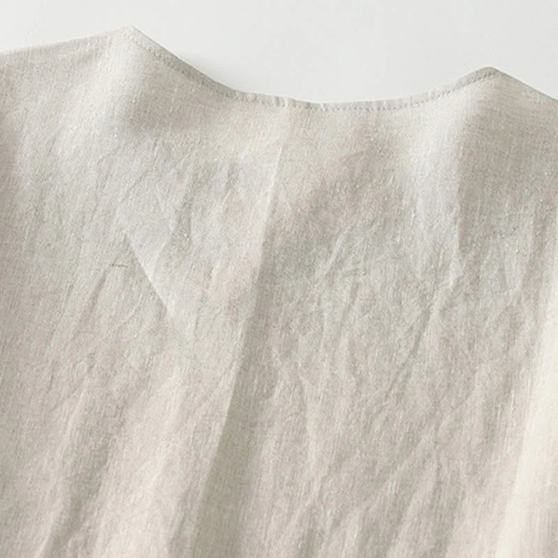 Buddha Stones Summer Casual Plain Design V-Neck Short Sleeve Cotton Linen Midi Dress With Pockets