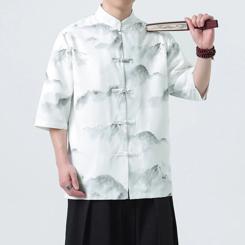 Buddha Stones Printing Chinese Ink Landscape Pattern Men's Frog-button Half Sleeve Shirts