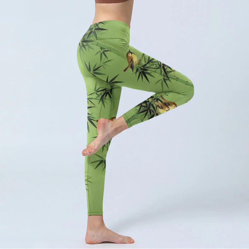 Buddha Stones Elegant Bird Bamboo Leaf Pattern Print Gym Leggings Women's Yoga Pants