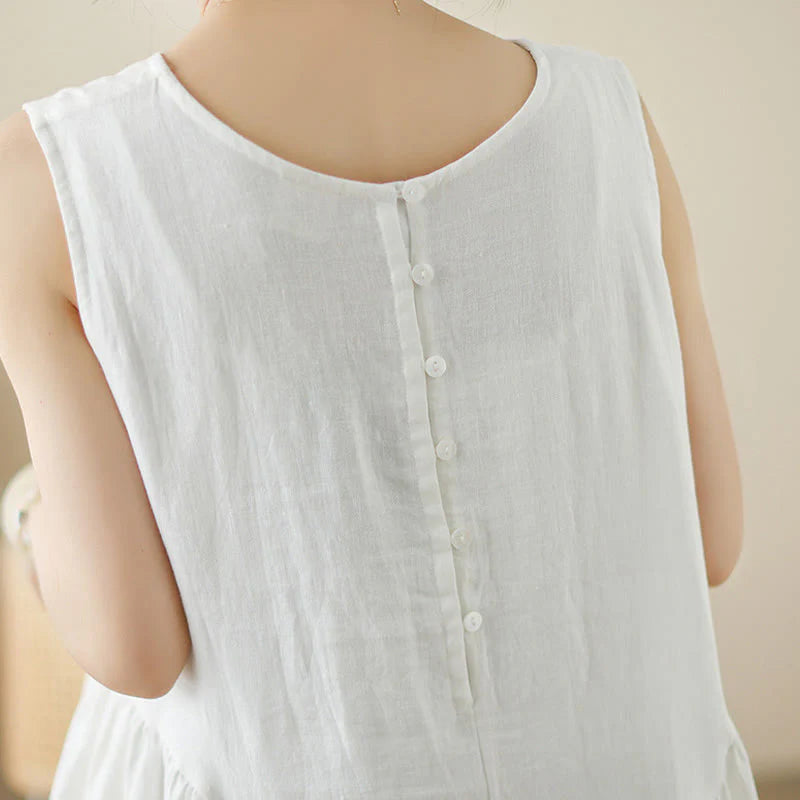 Buddha Stones FloralWhite Casual Back Buttons Design Sleeveless Cotton Midi Dress With Pockets