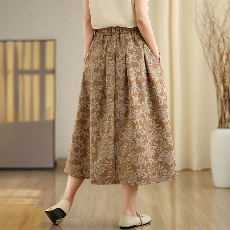 Buddha Stones Printing Flower Paisley Pattern A-line Elastic Waist Cotton Women's Skirt With Pockets