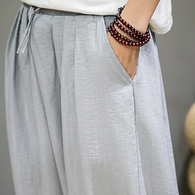 Buddha Stones Summer Plain Drawstring Men's Ankle-Length Cotton Harem Pants With Pockets