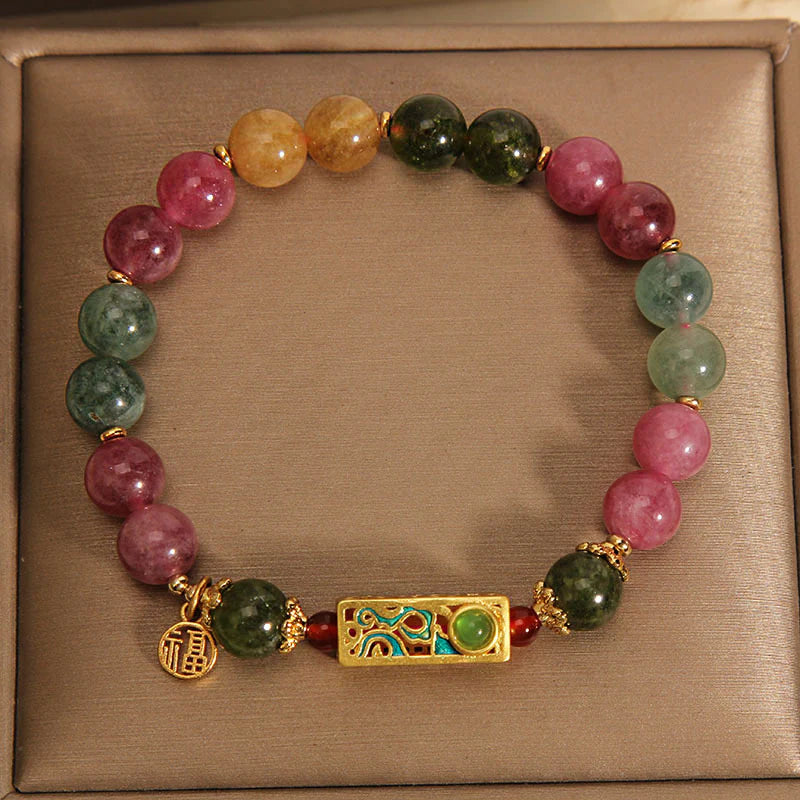 Buddha Stones Colorful Tourmaline Positive Fu Character Charm Bracelet (Extra 35% Off | USE CODE: FS35)
