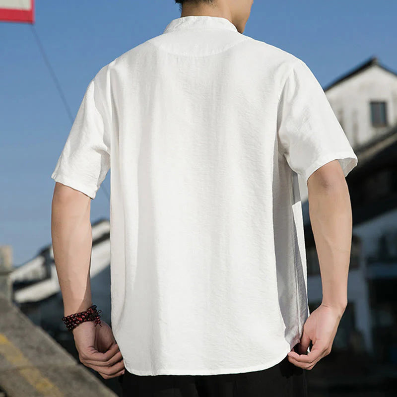Buddha Stones Summer Solid Color Front Button Design Men's Half Sleeve Cotton Shirt