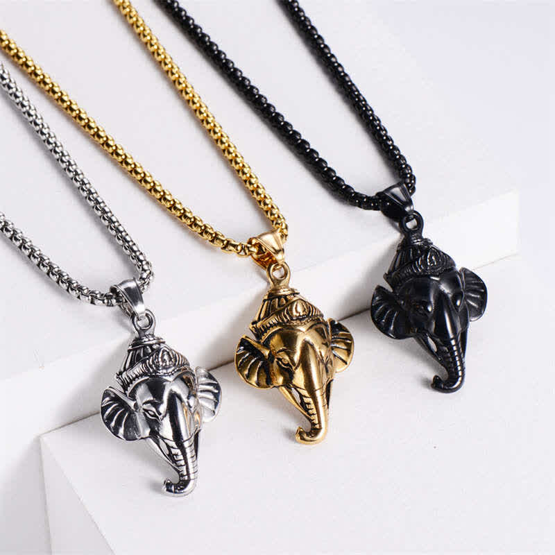 Buddha Stones Ganesh Ganpati Elephant Titanium Steel Protection Pendant Necklace