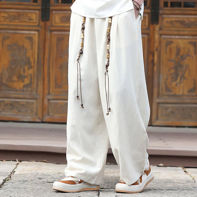 Buddha Stones Summer Ethnic Beaded Tassel Cotton Men's Long Straight Leg Pants