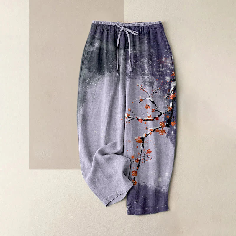 Buddha Stones Pure Cotton Plum Blossom Snow Pattern Women's Elastic Waist Pants With Pockets