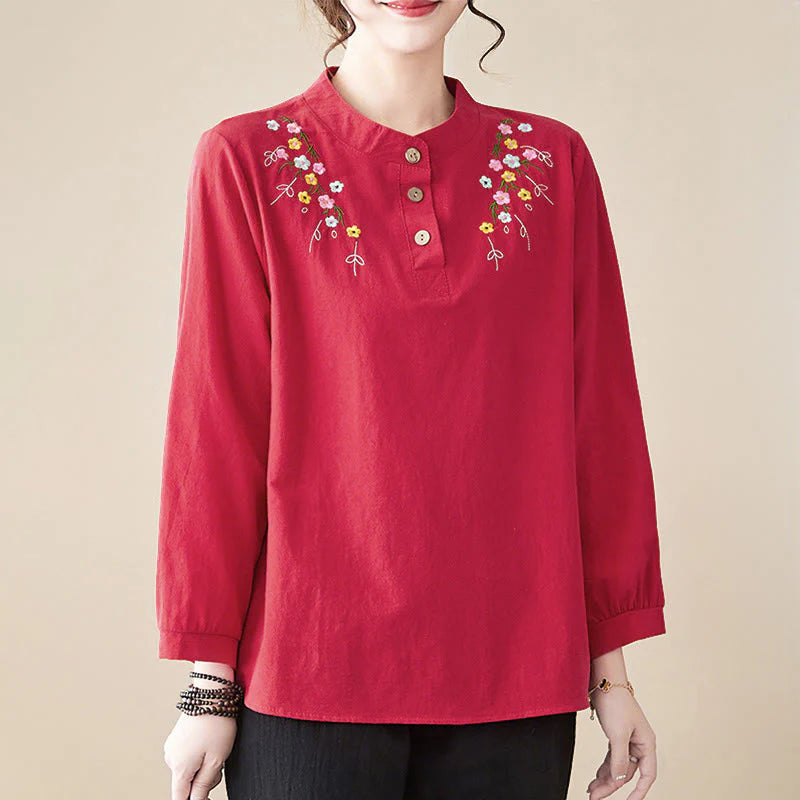 Buddha Stones Women's Spring Embroidered Flower Pattern Stand Collar Long Sleeve Cotton Shirt