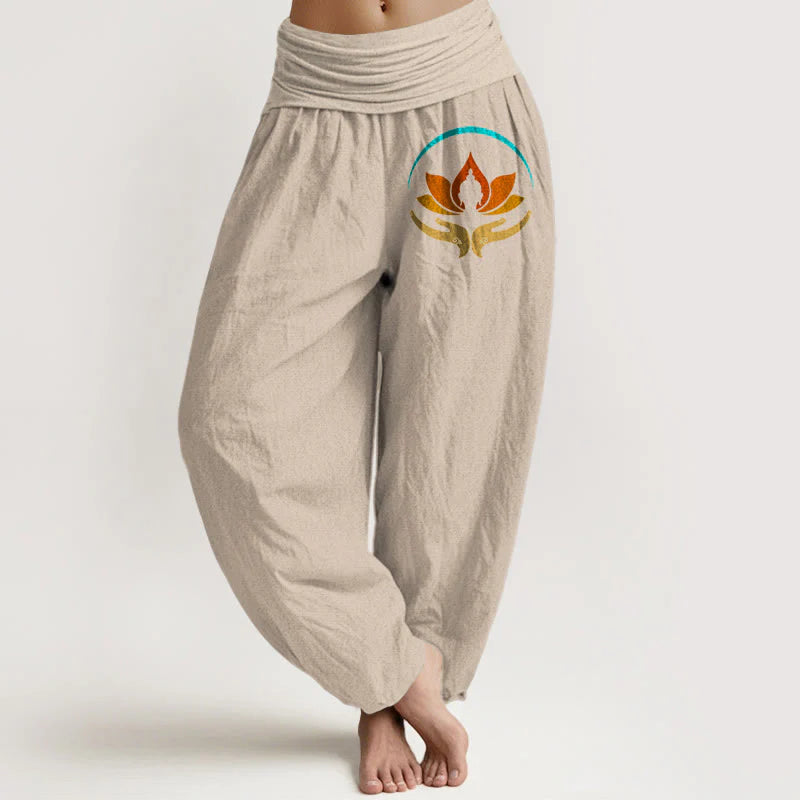Buddha Stones Lotus Buddha Symbol Pattern Elastic Waist Women's Harem Pure Cotton Pants