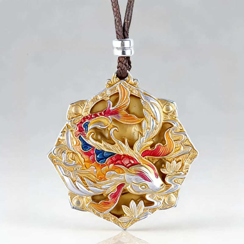 Buddha Stones 999 Sterling Silver Colorful Koi Fish Carved Luck Necklace Pendant