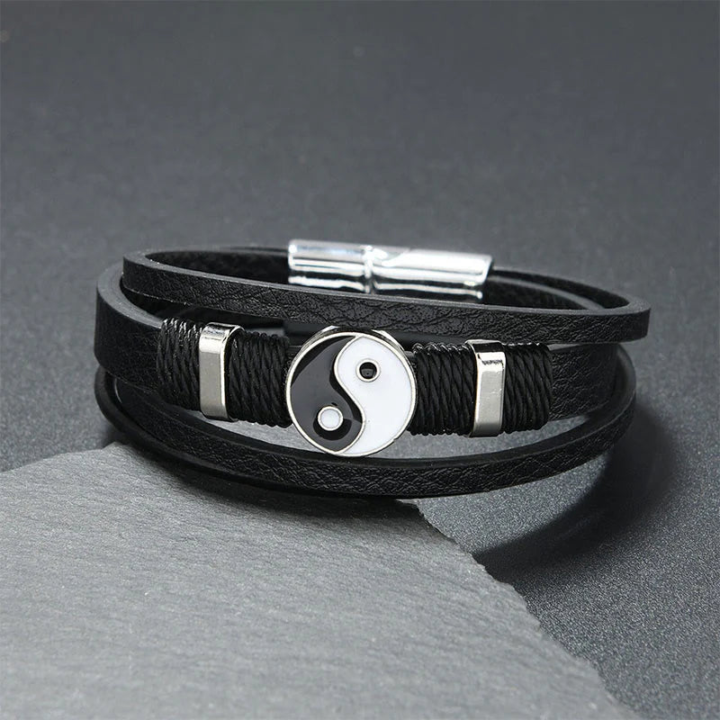 Buddha Stones Black White YIN YANG Multilayered Leather Balance Bracelet