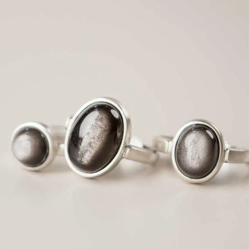 Buddha Stones Natural 925 Sterling Silver Silver Sheen Obsidian Adjustable Protection Ring