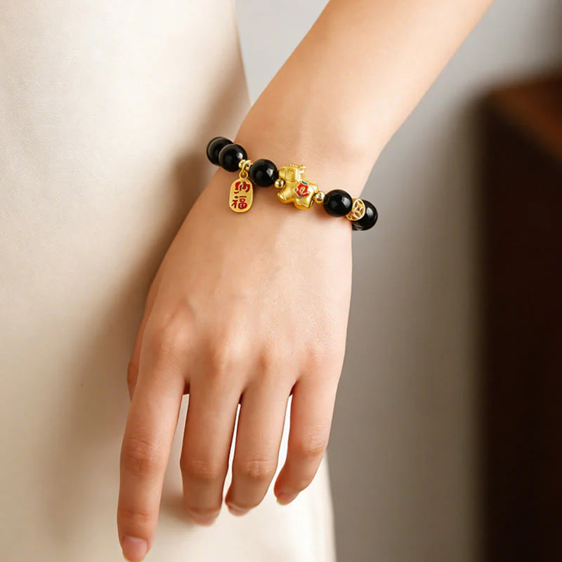 Buddha Stones Year Of The Horse Black Obsidian Strength Bracelet