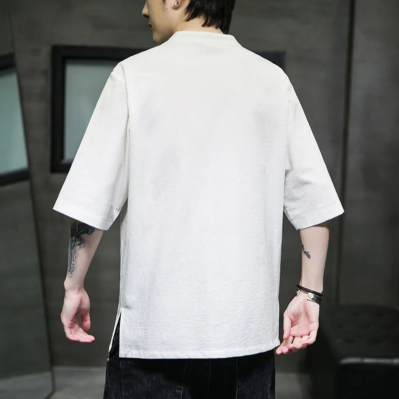 Buddha Stones Casual Solid Color Frog-Button Embroidery Men's Cotton Linen Shirt Cardigan
