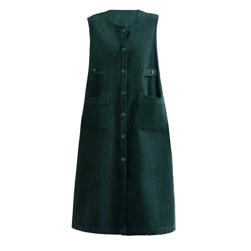 Buddha Stones Pure Colo Buttons Sleeveless Midi Dress With Pockets