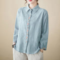 Buddha Stones Spring Plain Embroidered Flower Pattern Button Women's Long Sleeve Cotton Lapel Shirt