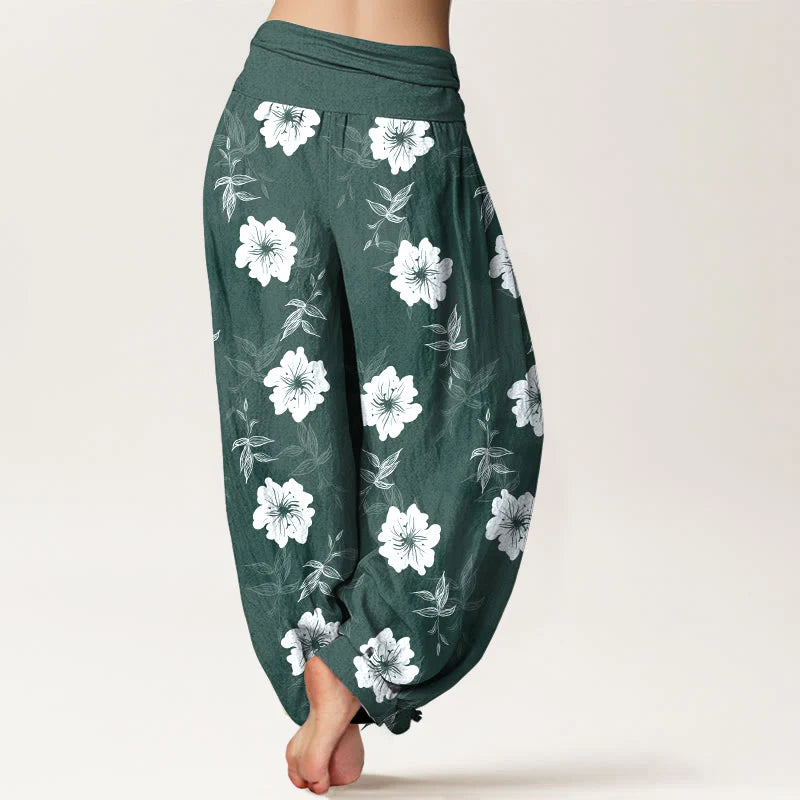 Buddha Stones Pure Cotton White Flowers Grass Women's Elastic Waist Harem Pants