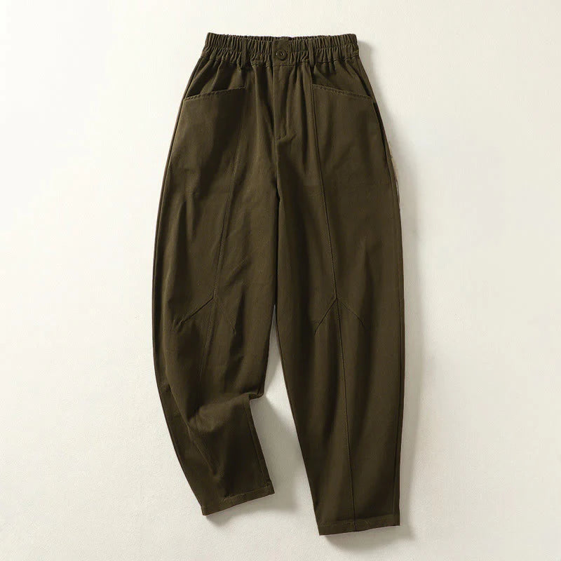 Buddha Stones Fall Simple Lines Button Zipper Design Ankle-Length Cotton Women's Harem Pants With Pockets