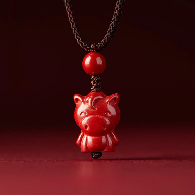 Buddha Stones Year Of The Horse Chinese Zodiac Engraved Design Cinnabar Blessing Rope Necklace Pendants