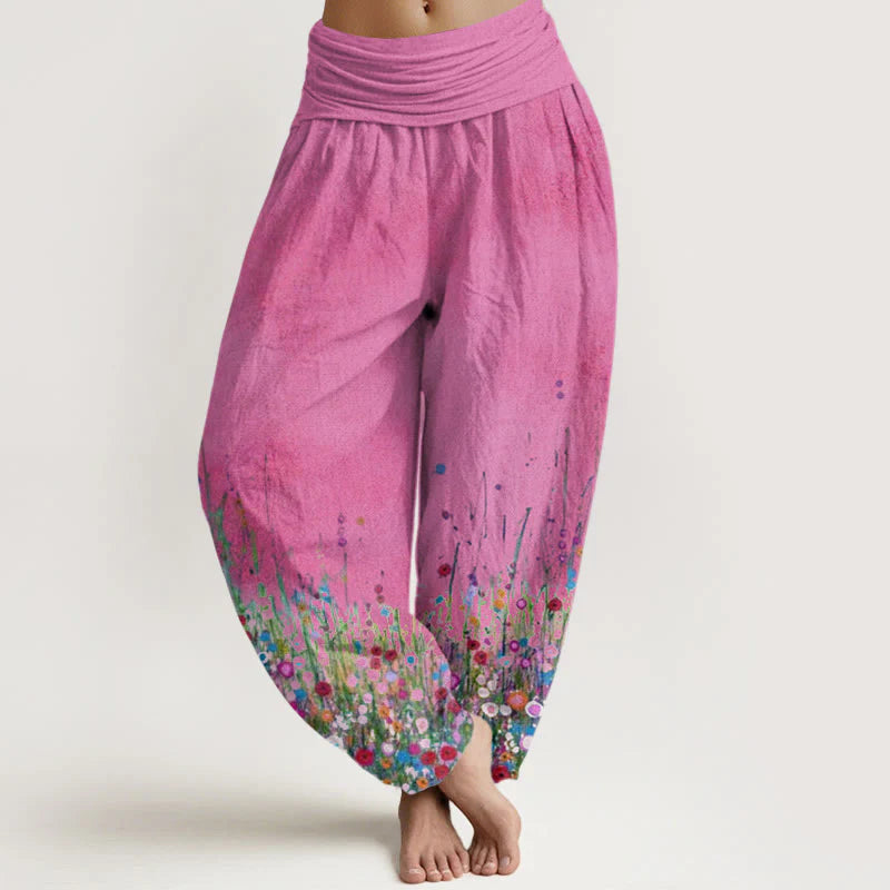Buddha Stones Cotton Casual Colorful Wildflower Field Pattern Women's Elastic Waist Harem Pants