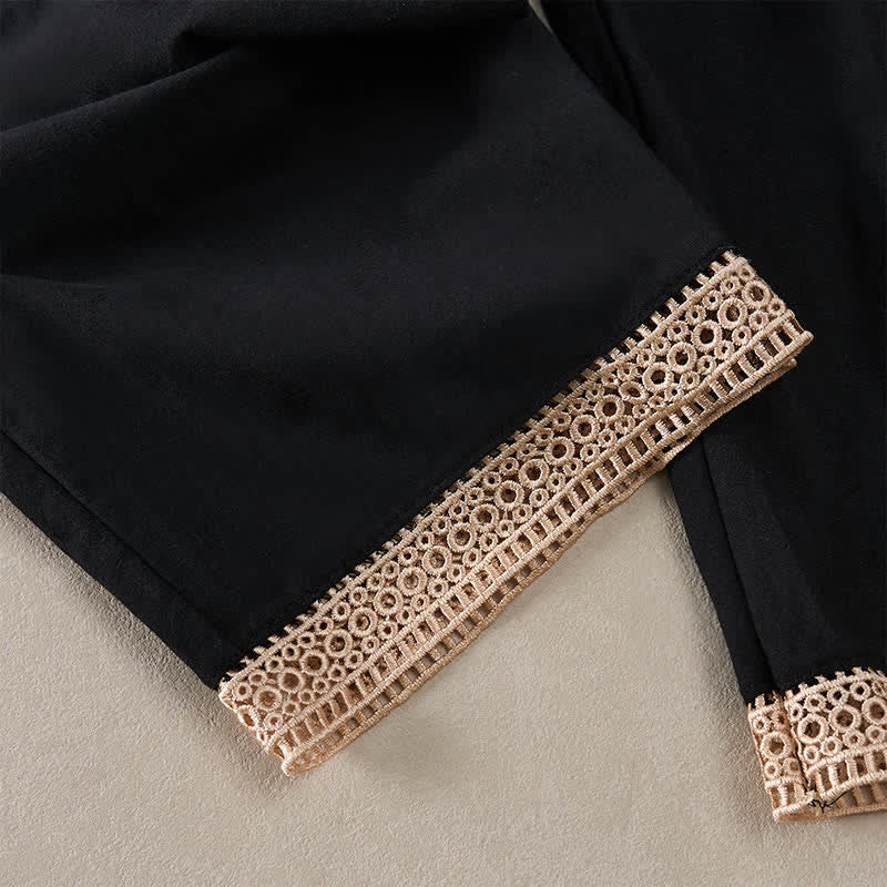 Buddha Stones Summer Lace-trimmed Hem Solid Color Women's Tapered Pants With Pockets