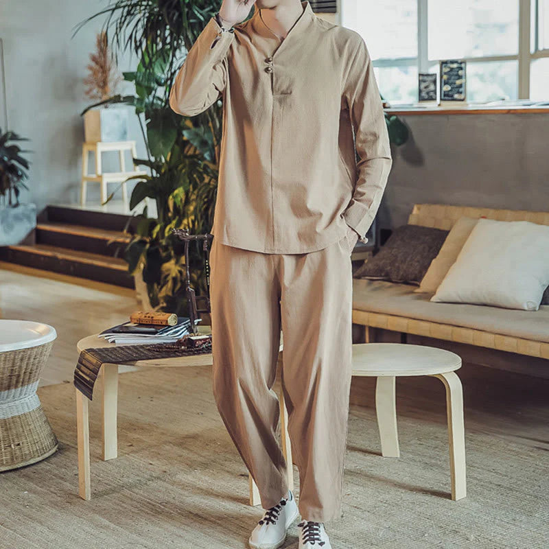 Buddha Stones 2Pcs Shirt Ankle-Length Pants With Pockets Men's Meditation Cloth Set