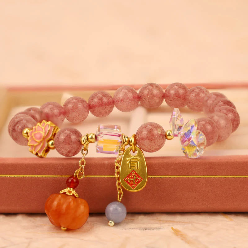 Buddha Stones Natural Strawberry Quartz Fu Character Pumpkin Charm Positive Bracelet (Extra 35% Off | USE CODE: FS35)