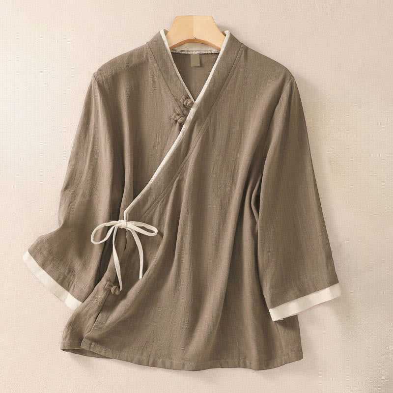 Buddha Stones Retro Lace-up Frog-Button Design Women's Three Quarter Sleeve Cotton Linen Shirt