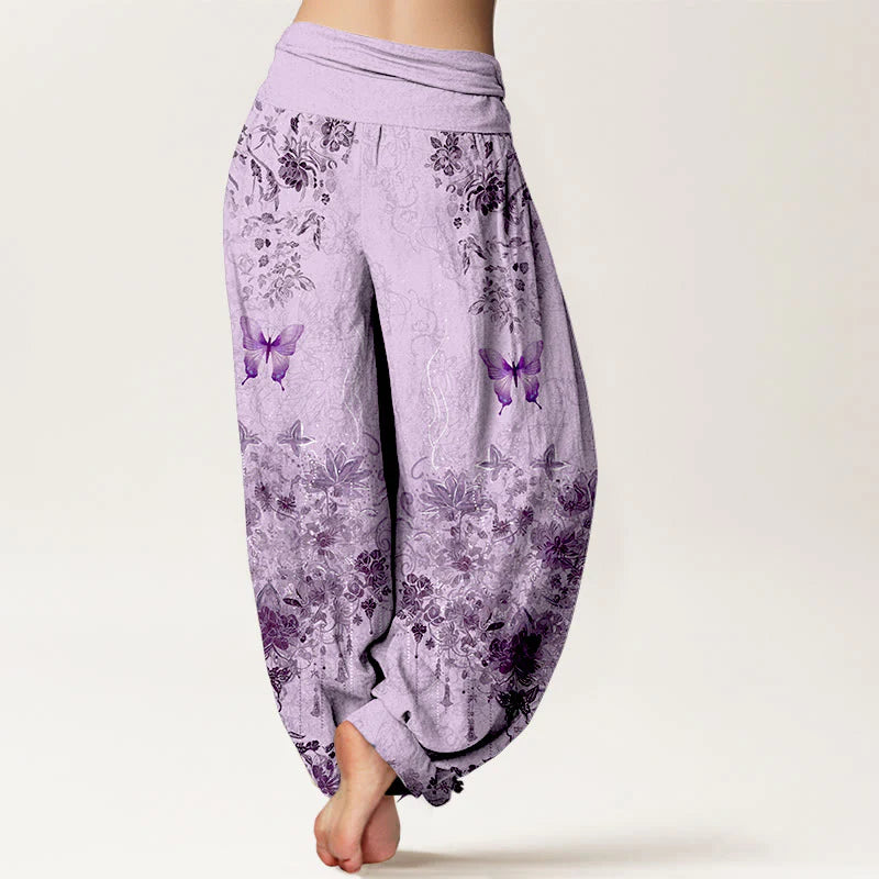 Buddha Stones Cotton Butterfly Floral Pattern Women's Elastic Waist Harem Pants