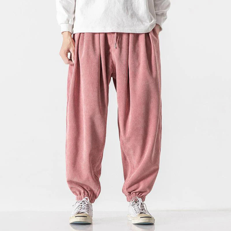 Buddha Stones Casual Pure Color Men's Drawstring Corduroy Harem Ankle-Length Pants With Pockets
