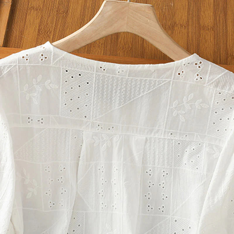 Buddha Stones Casual Embroidery Hollow Cotton Polyester Half Sleeve Women's Crew Neck Shirt