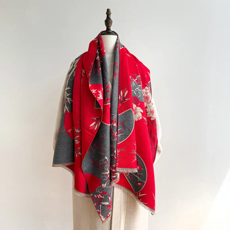Buddha Stones Winter Fan Bamboo Peony Flowers Pattern Cozy Scarf Shawl