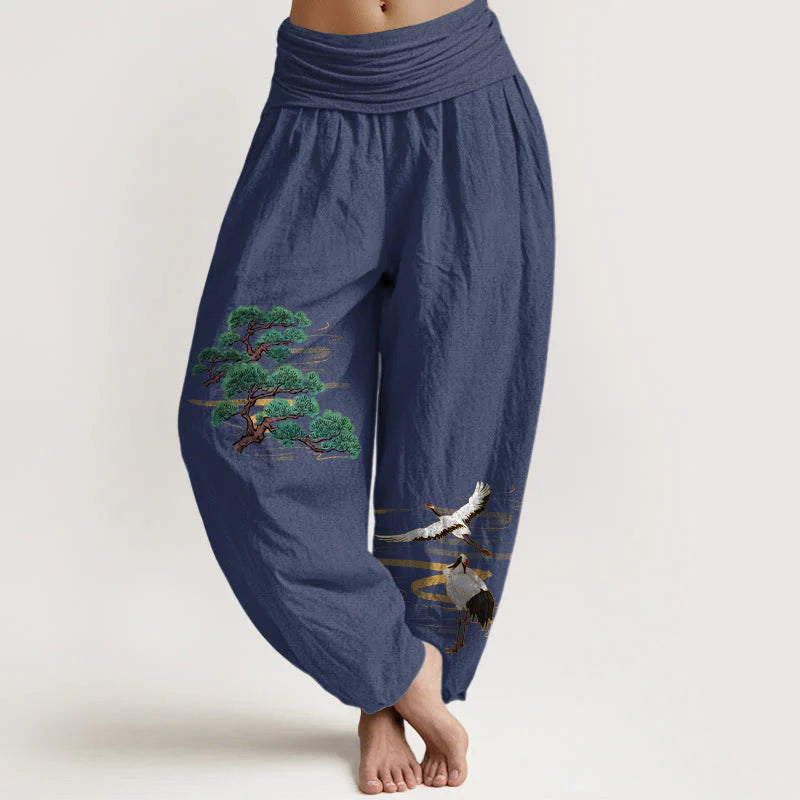 Buddha Stones Pure Cotton Elegant Colors Pine Tree Crane Pattern Women's Elastic Waist Harem Pants