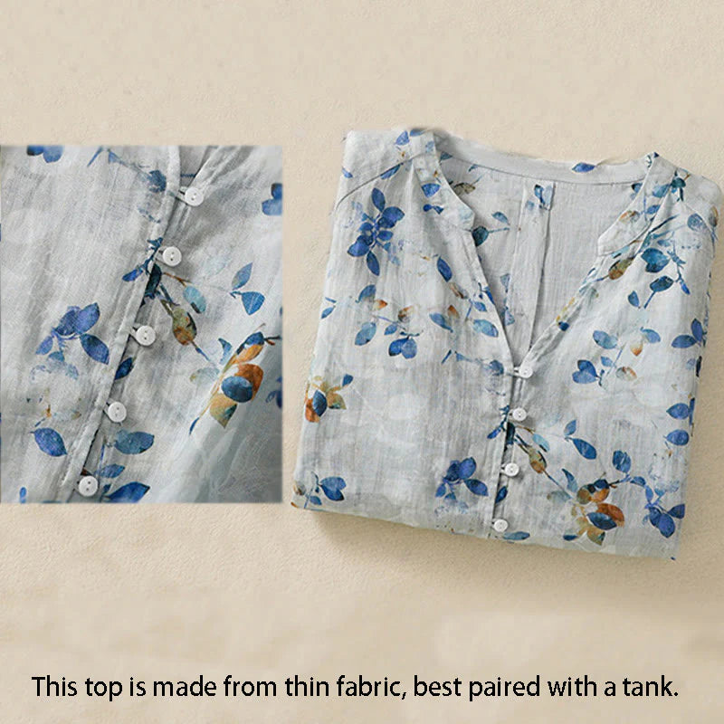 Buddha Stones Blue Floral V-Neck Three Quarter Sleeve Women's Cotton Shirt