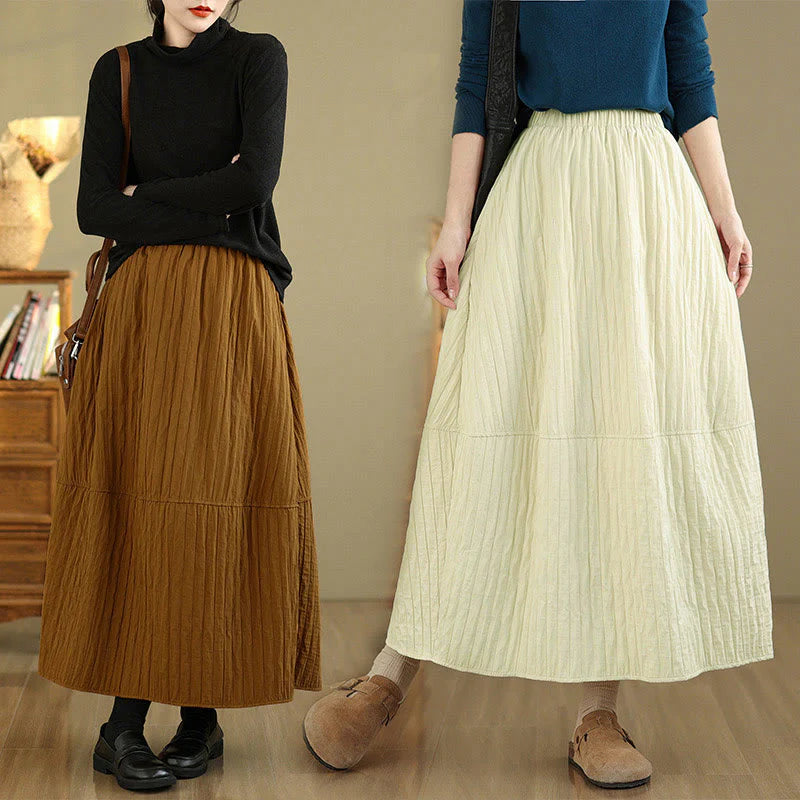 Buddha Stones Plain Pleats Design Elastic Waist Women's Thermal Skirt With Pockets