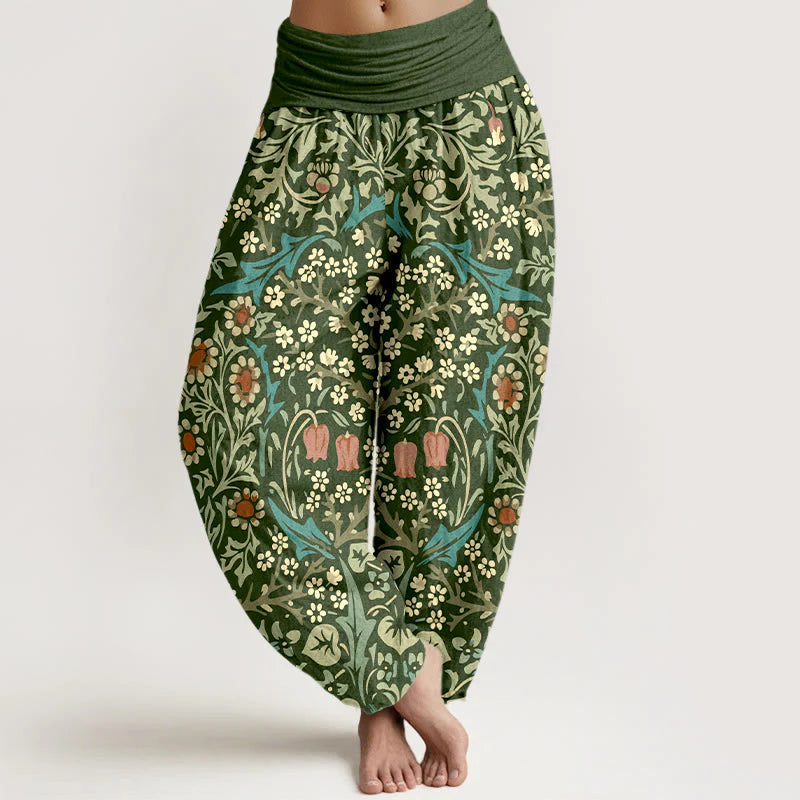 Buddha Stones Pure Cotton Retro Flowers Leaves Pattern Women's Elastic Waist Harem Pants