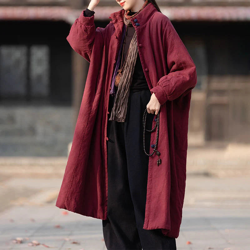 Buddha Stones Winter Solid Frog-Button Ramie Cotton Women's Long Sleeve Thermal Coat With Pockets