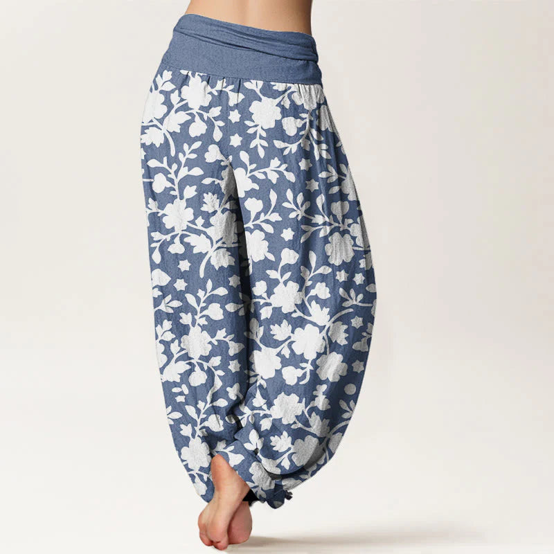Buddha Stones Pure Cotton White Flowers Leaves Stars Pattern Women's Elastic Waist Harem Pants