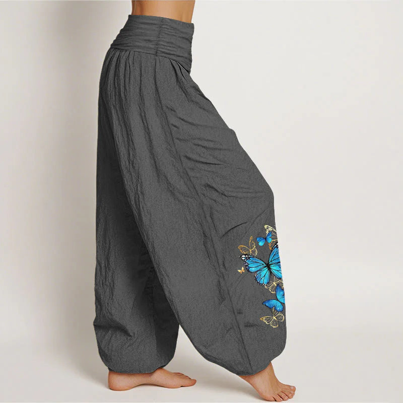 Buddha Stones Cotton Butterfly Pattern Women's Elastic Waist Harem Pants