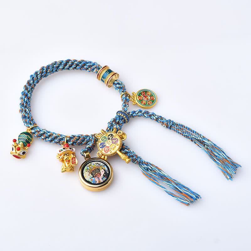 Buddha Stones Tibetan Zakiram Goddess of Wealth Thangka Luck Prayer Wheel Braid String Bracelet