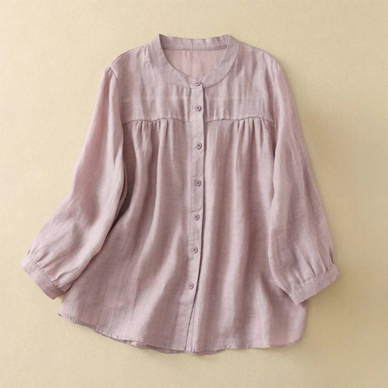 Buddha Stones Plain Crew Neck Buttons Design Three Quarter Sleeve Women's Shirt
