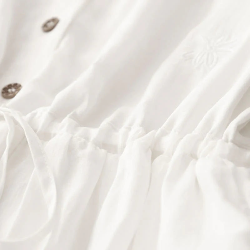 Buddha Stones Commute Embroidery Pleated Button Drawstring Design Cotton Linen Ruffled Short Sleeve Midi Dress
