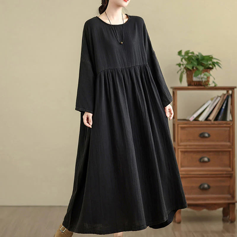 Buddha Stones Commute Pure Color Long Sleeve Cotton Linen Midi Dress With Pockets