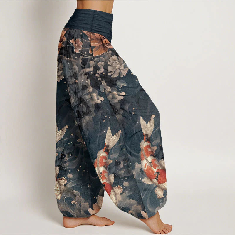 Buddha Stones Cotton Colorful Koi Fish Lotus Flowers Design Women's Elastic Waist Harem Pants