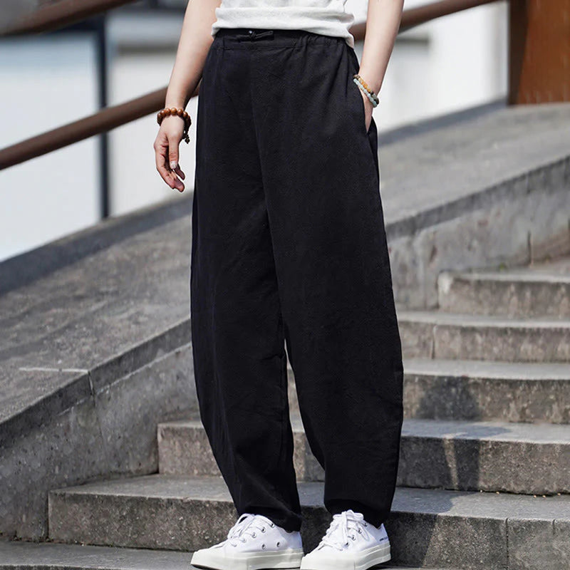 Buddha Stones Summer Plain One Chinese Frog-Button Straight Leg Design Men's Cotton Linen Pants With Pockets