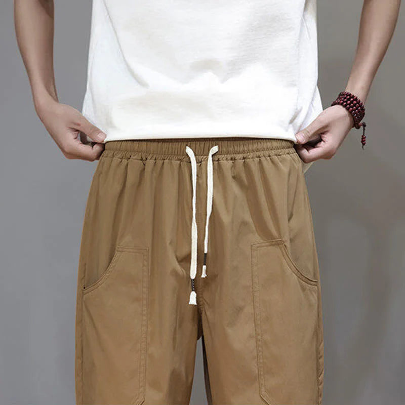 Buddha Stones Summer Solid Color Drawstring Straight Leg 7-8 Length Men's Pants With Pockets