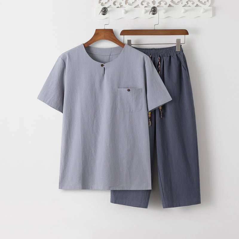 Buddha Stones Summer 2Pcs Plain Short Sleeve T-Shirt 7-8 Length Pants Cotton Linen Tang Suit Men's Meditation Cloth Set With Pockets