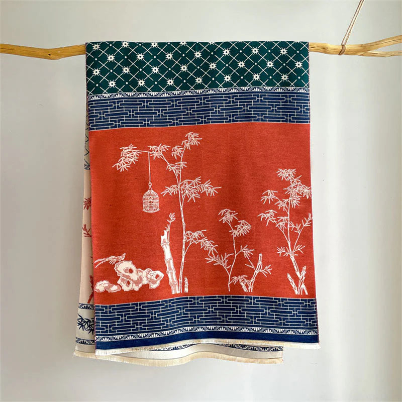 Buddha Stones Winter Bamboo Leaf Little Bird Pattern Cozy Scarf Shawl